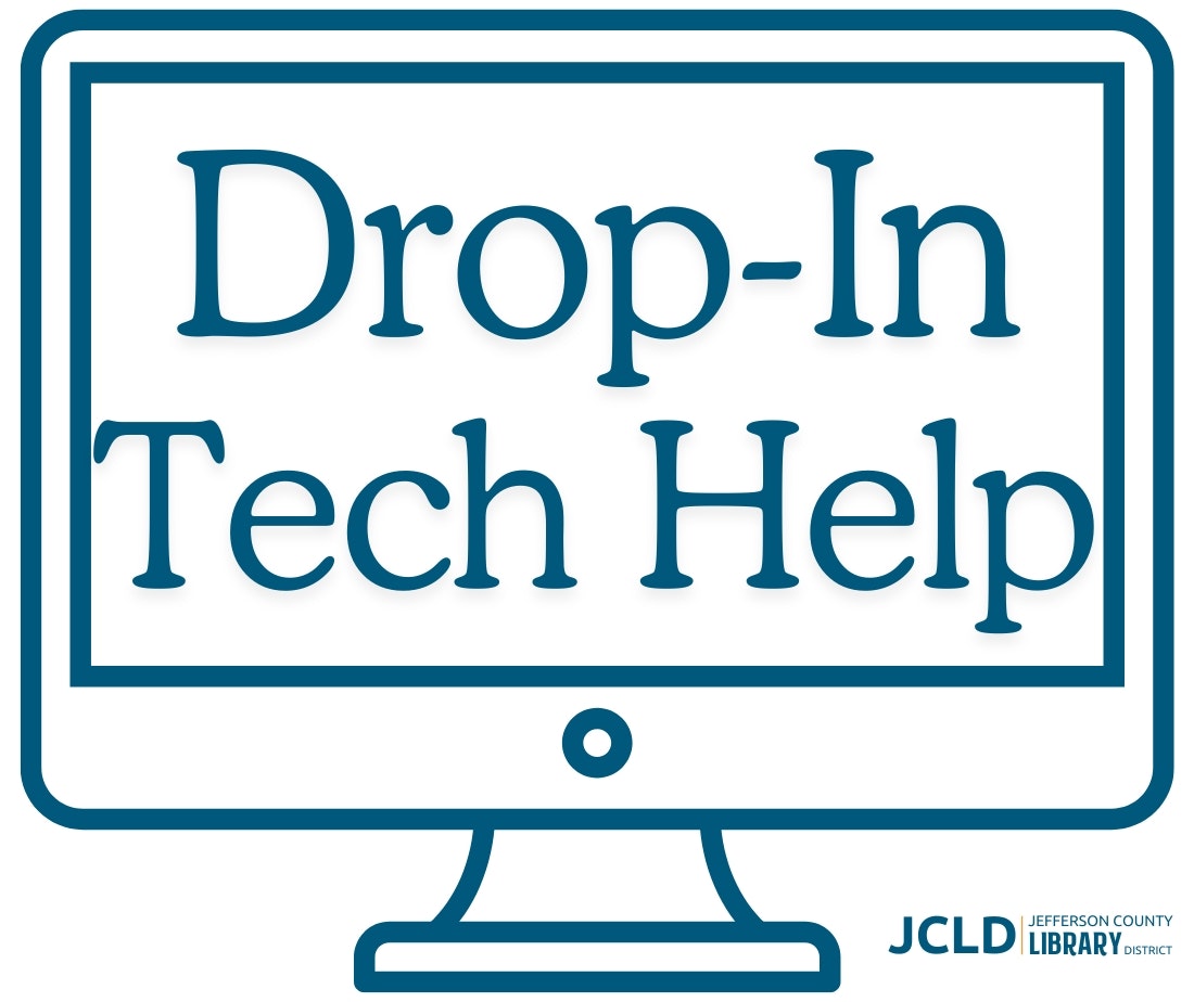 Illustration of a computer screen with text "Drop-In Tech Help" and "Jefferson County Library District" logo.