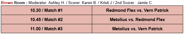 Schedule for the Brown Room: 3 matches featuring teams Redmond Flex, Vern Patrick, and Metolius with specified times and scorers.