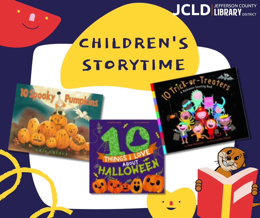 Children's Storytime poster featuring Halloween-themed books and colorful illustrations.