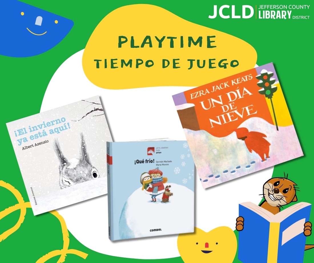 A colorful graphic featuring children’s books on winter themes, promoting playtime at Jefferson County Library District.