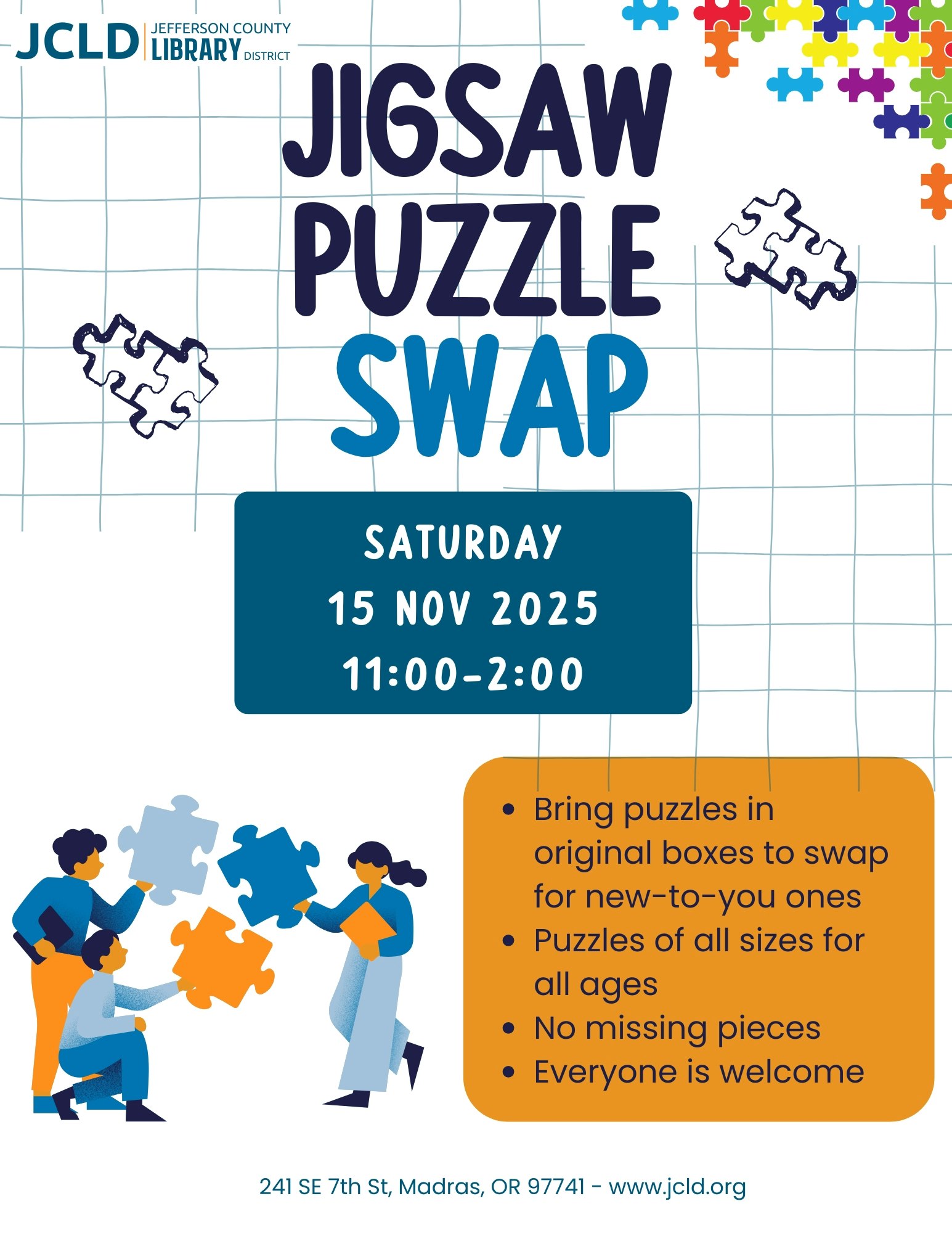 Jigsaw Puzzle Swap event on Nov 15, 2025, 11:00-2:00 at 241 SE 7th St, Madras, OR. Swap puzzles in original boxes. All ages welcome.