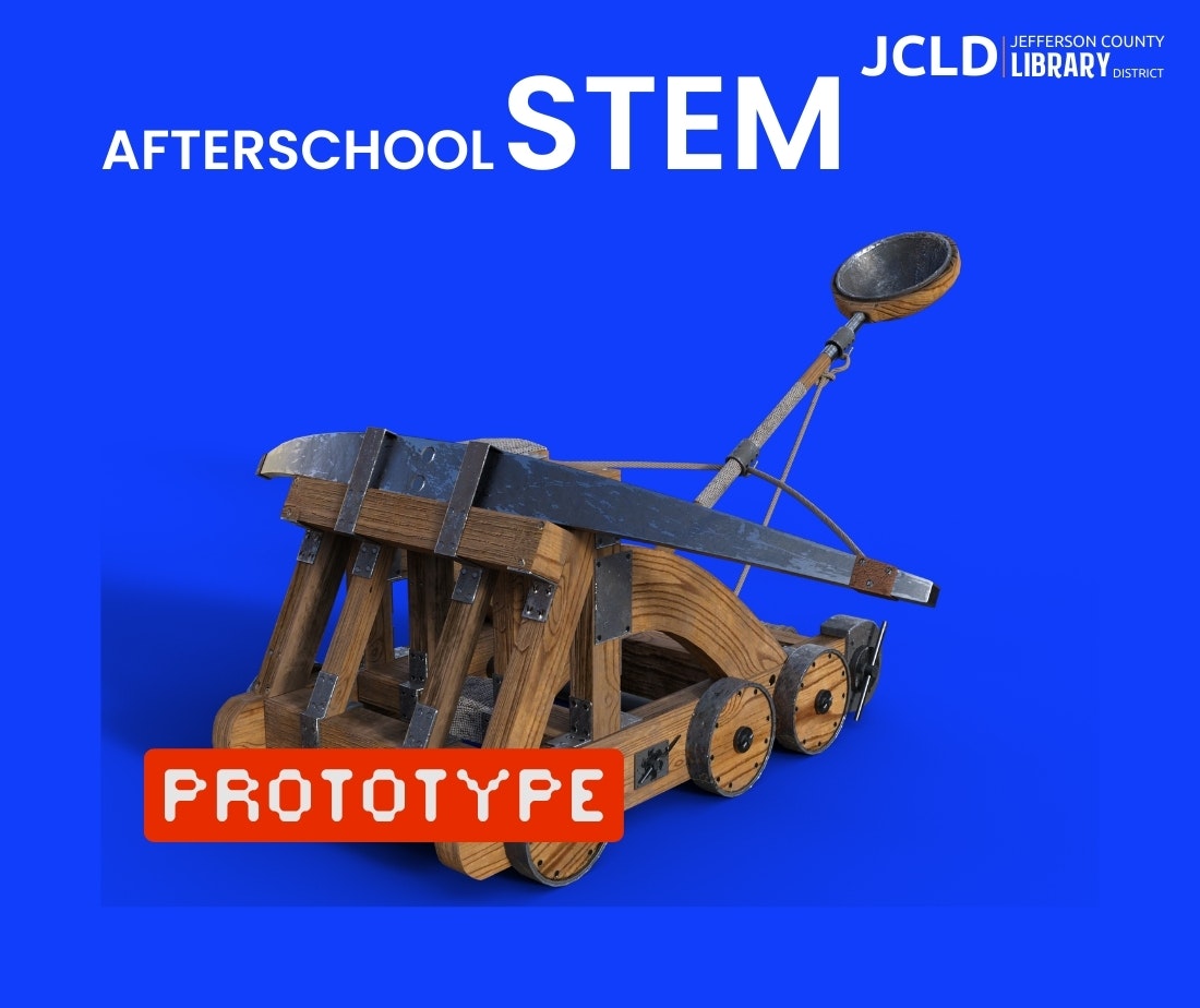 A wooden catapult prototype on a blue background for an afterschool STEM program by Jefferson County Library District.