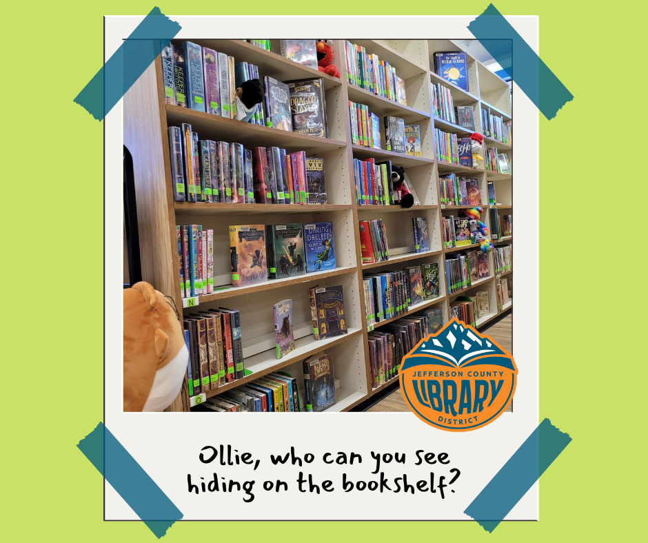Stuffed animals and books on bookshelves.