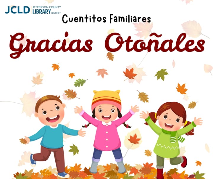 Kids playing in autumn leaves with text about family stories and thanks in Spanish.