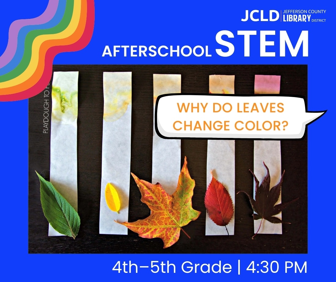 Afterschool STEM event image featuring leaves and chromatography, asking "Why do leaves change color?" for 4th-5th grade, 4:30 PM.