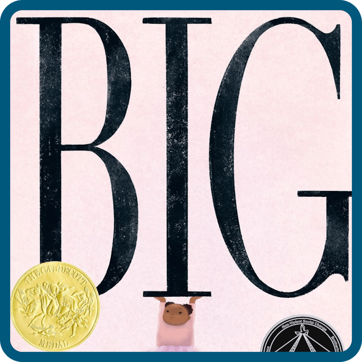 The image features the word "BIG" with a small child at the base of the letter "G," and two medallions on a light background.
