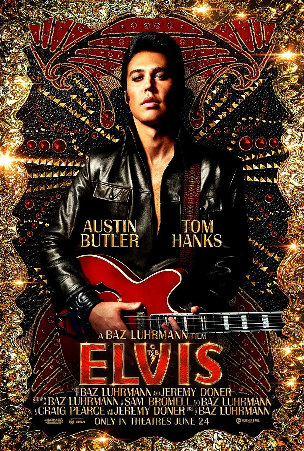 May contain: jacket, coat, clothing, advertisement, poster, person, guitar, and musical instrument