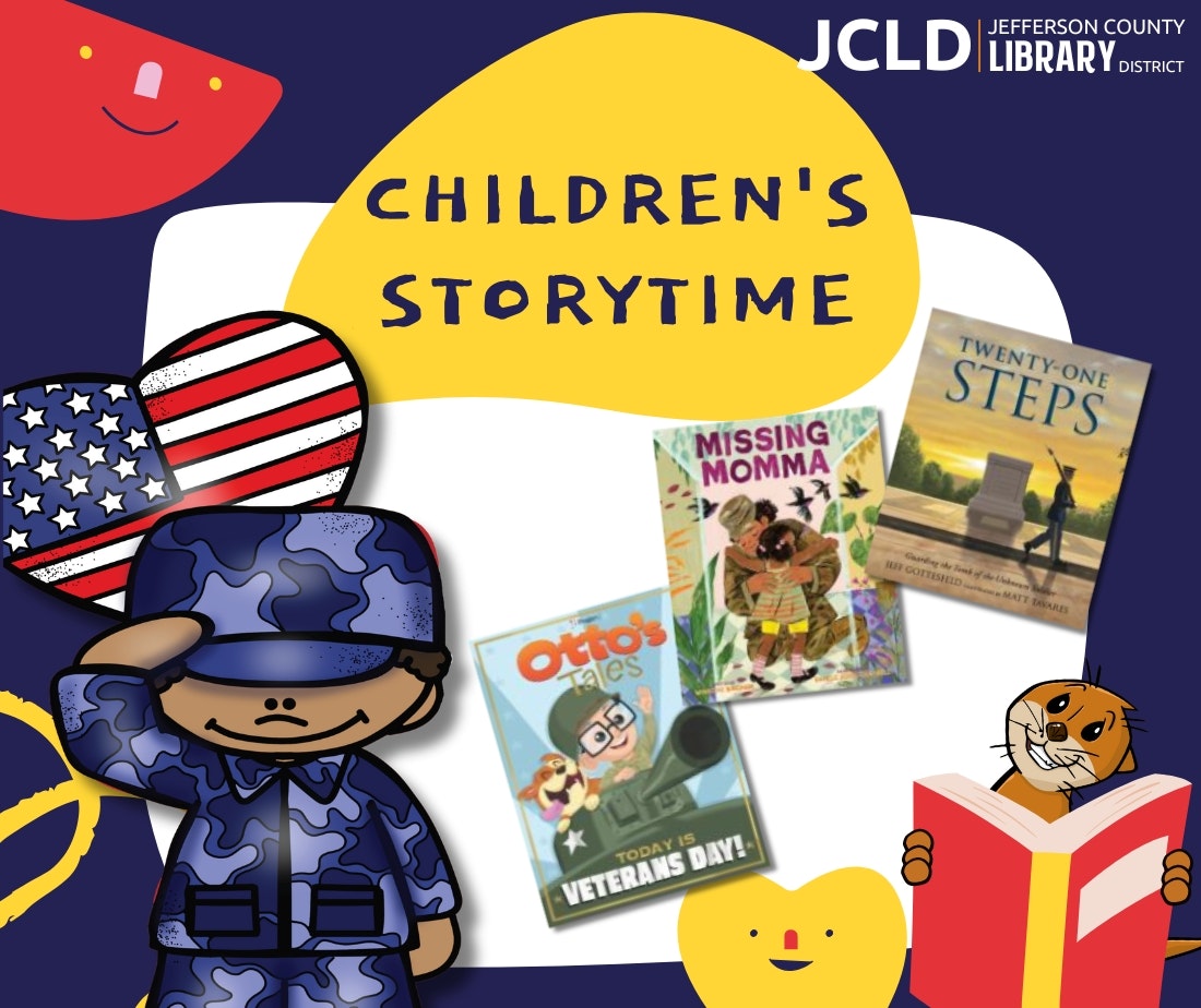Children's storytime promo with books "Missing Momma," "Otto's Tales," and "Twenty-One Steps" by Jefferson County Library District.
