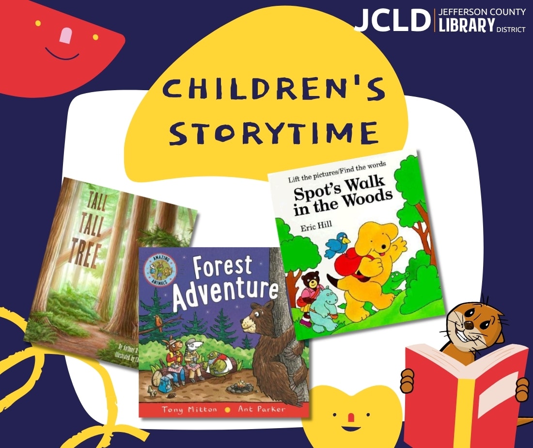 Image promotes a children's storytime event at Jefferson County Library, featuring three illustrated books.