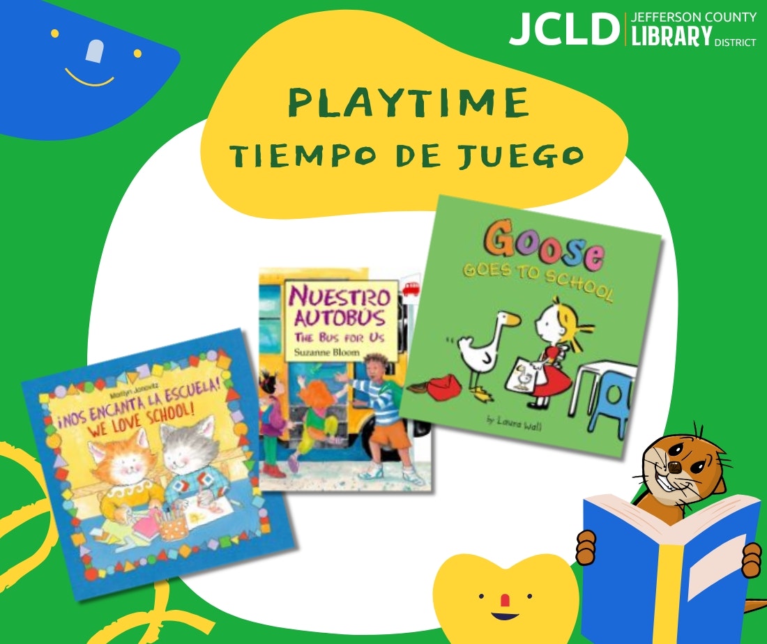 Children's books and "Playtime / Tiempo de Juego" text on green and white background, JCLD logo.