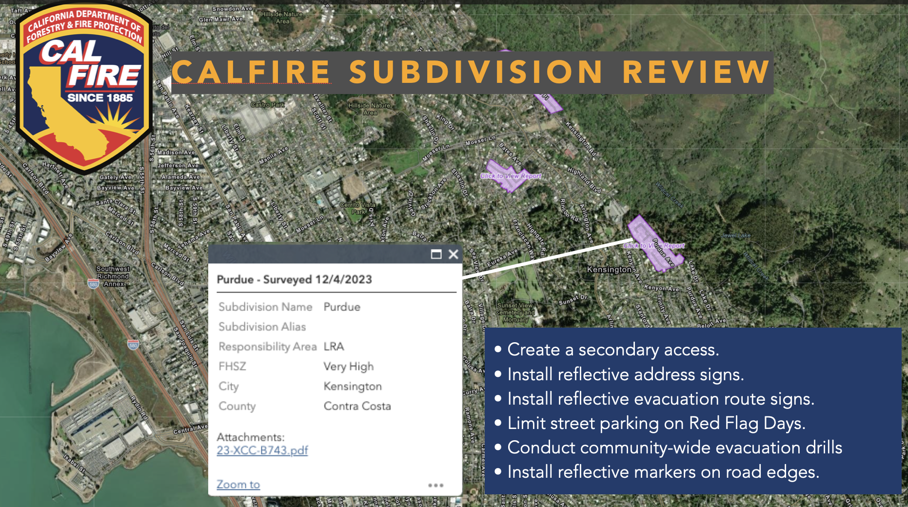 A CAL FIRE subdivision review document with a map, Purdue area details, fire safety recommendations, and a PDF attachment.