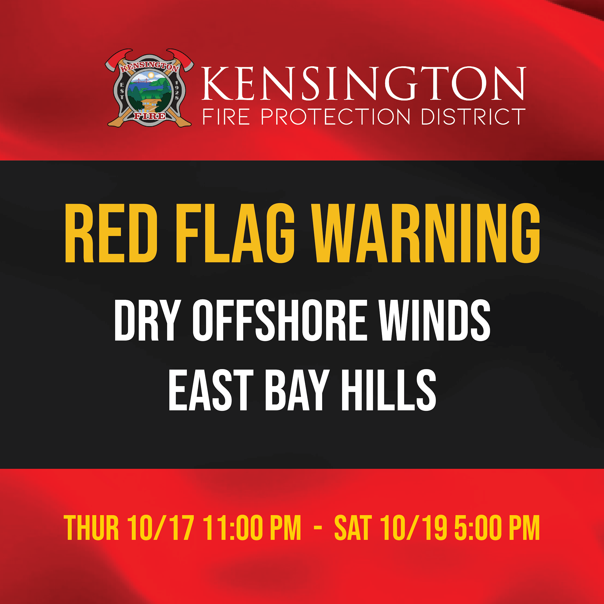 A Red Flag Warning sign from Kensington Fire Protection District for dry winds and fire risk in East Bay Hills.