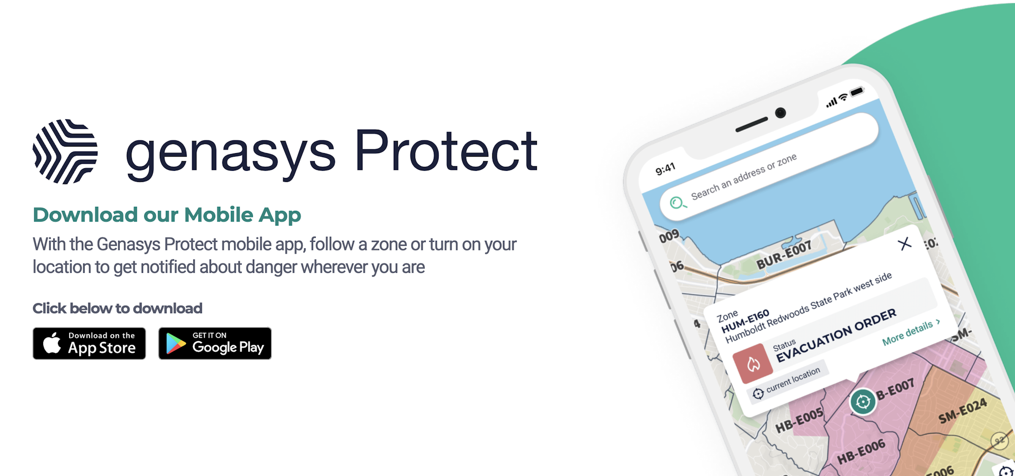 Ad for "Genasys Protect" mobile app; it displays maps with zones and alerts, plus download options for App Store & Google Play.