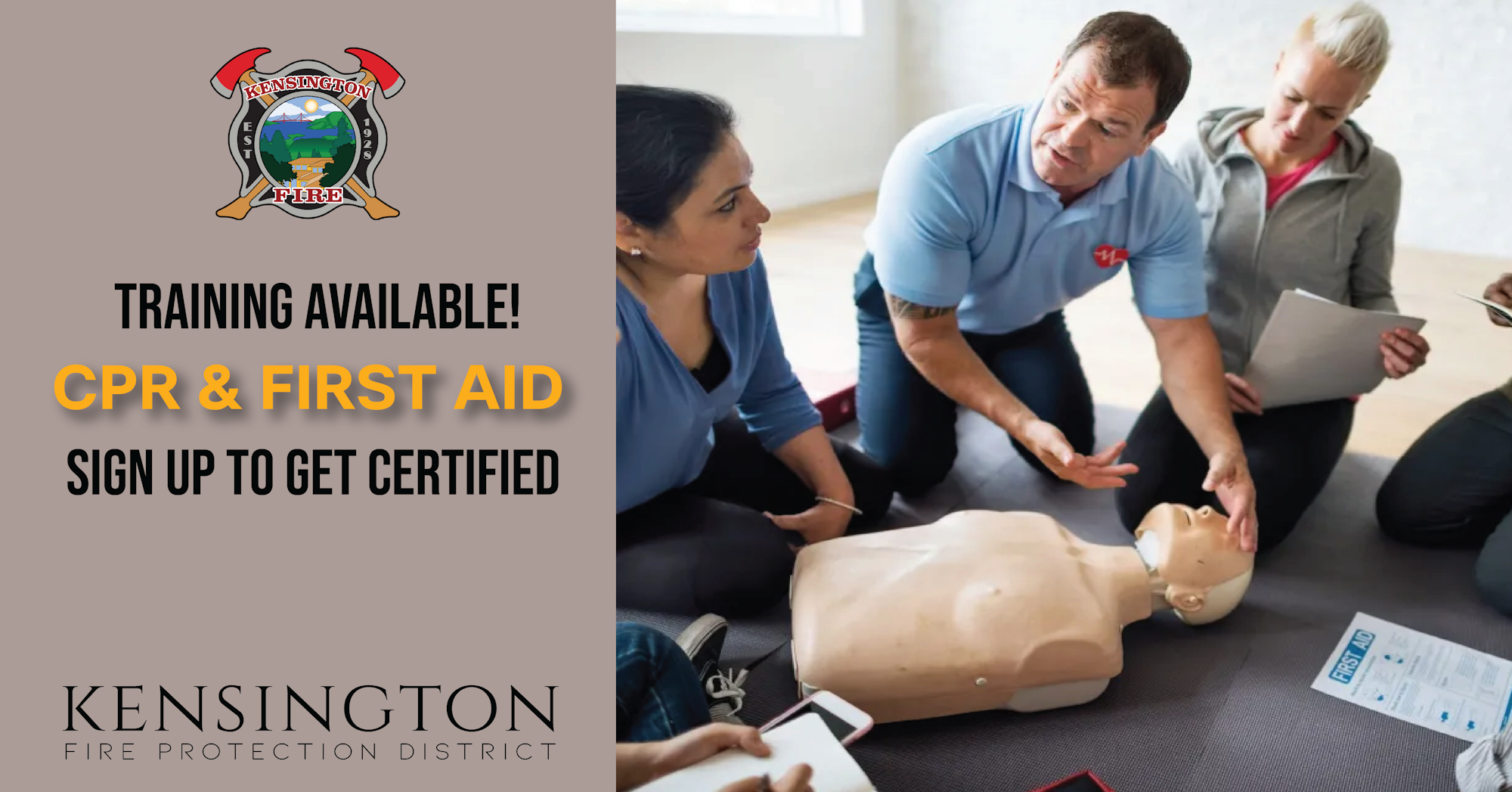 Ad for CPR & First Aid training with people practicing on a dummy, sign-up details, and logo of Kensington Fire Protection District.