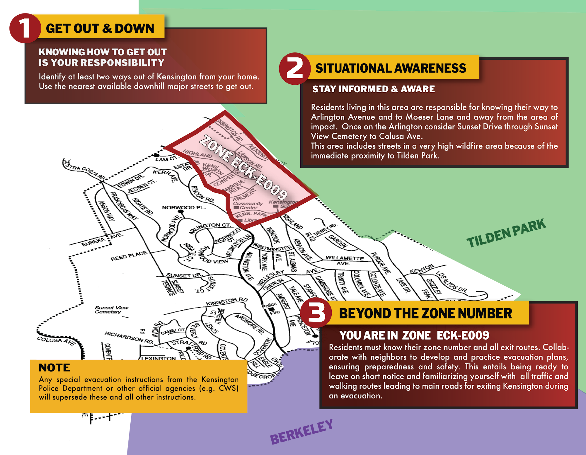 Evacuation map with safety zones and exit routes for a community near Tilden Park.