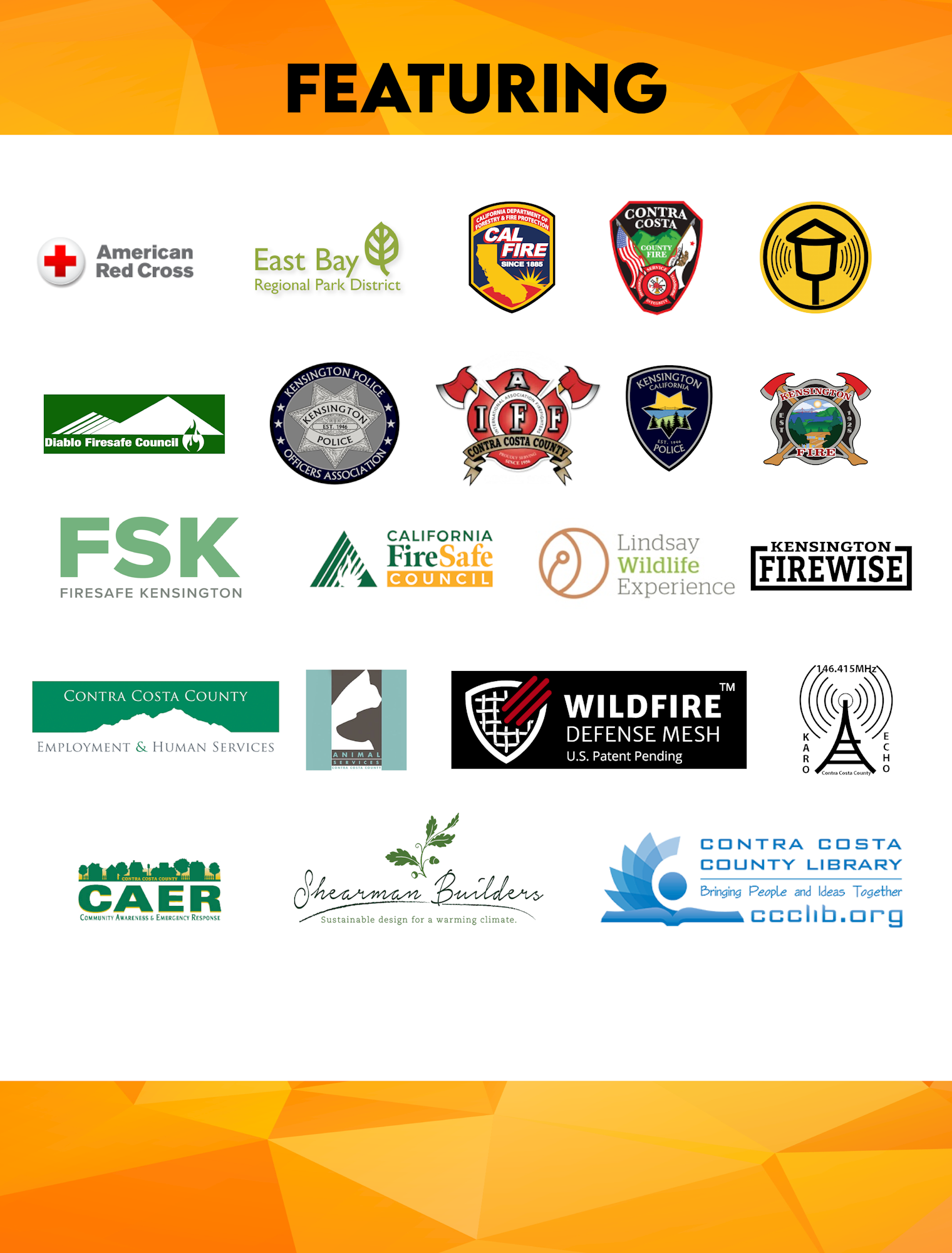 Logos of various organizations, including American Red Cross, CAL FIRE, and Contra Costa County Library, under "Featuring" header.