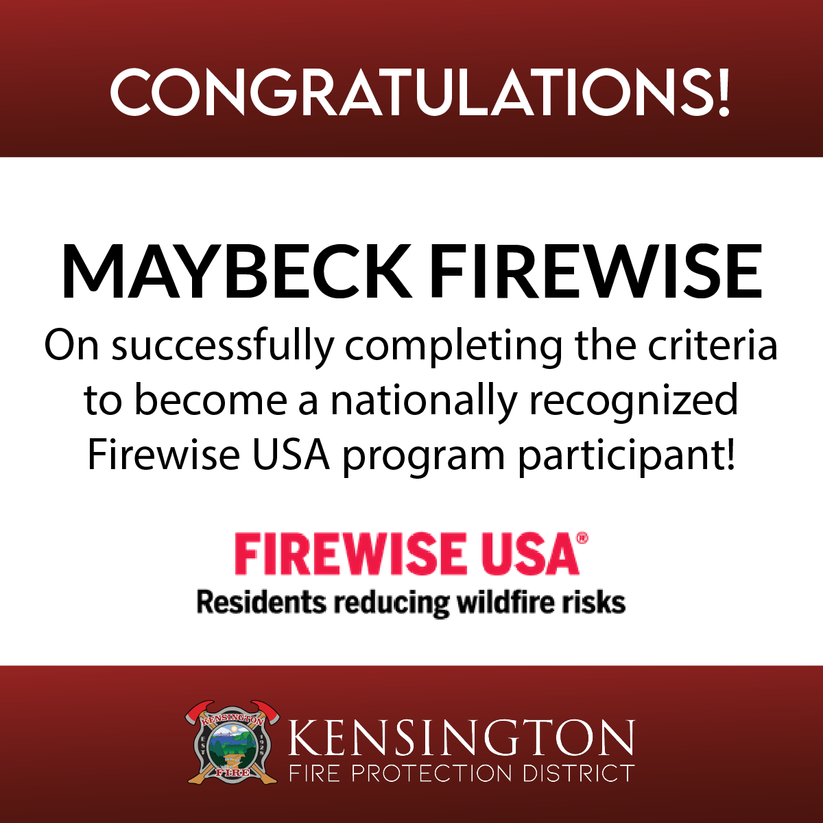 A certificate celebrating Maybeck Firewise's successful enrollment in the nationally recognized Firewise USA program.