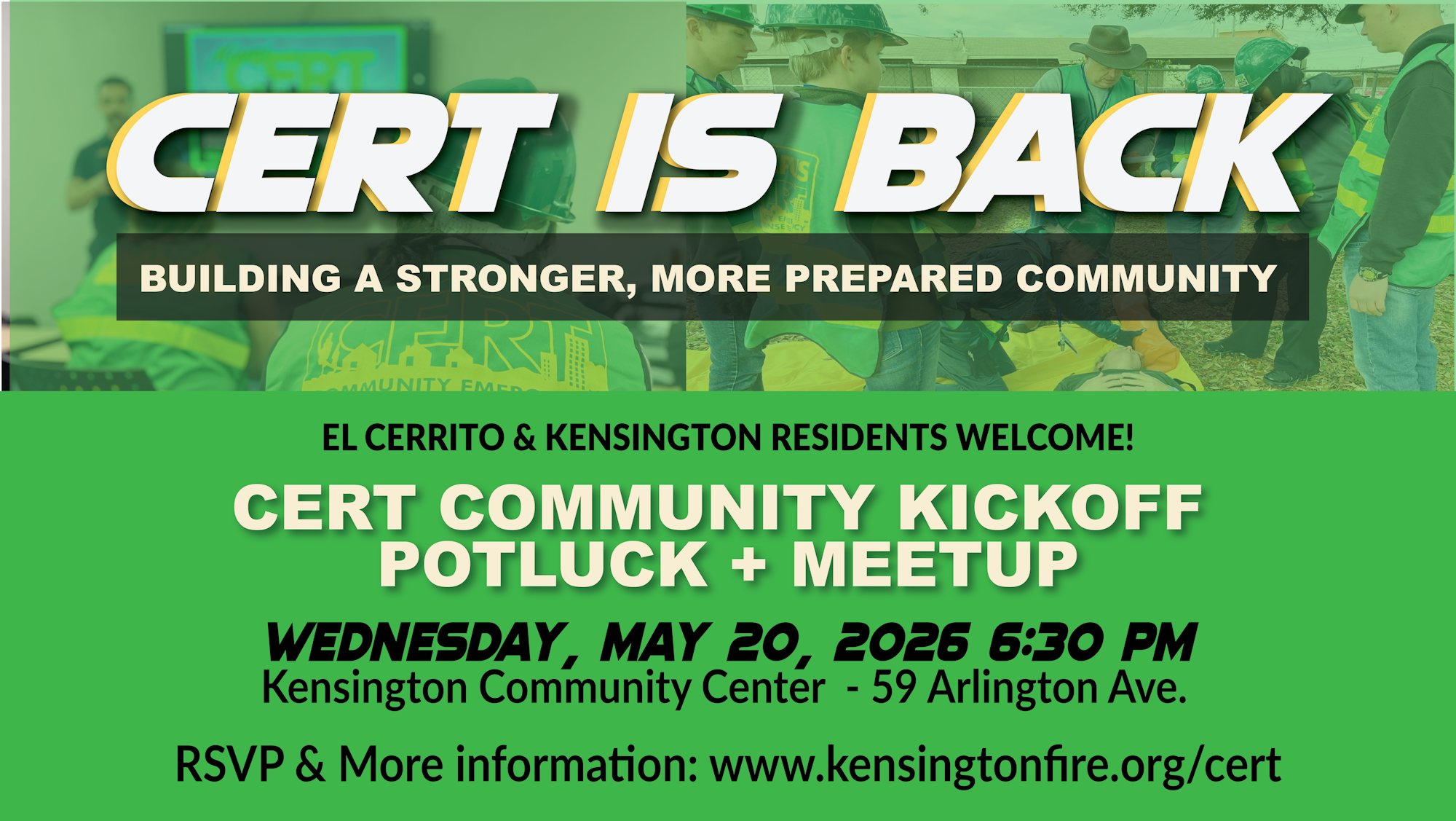 Community Emergency Response Team (CERT) kickoff potluck for El Cerrito & Kensington on May 20, 2026, at Kensington Community Center.