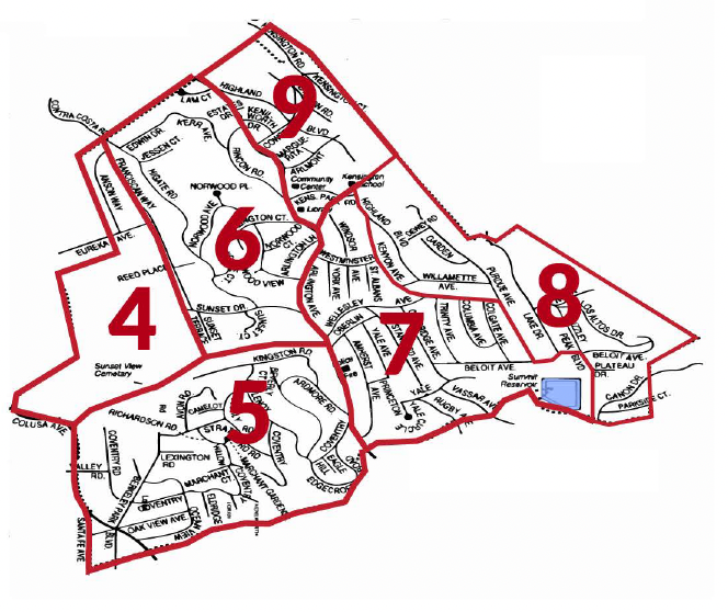 A marked map with numbered sections and streets, possibly indicating districts or areas for reference or planning.