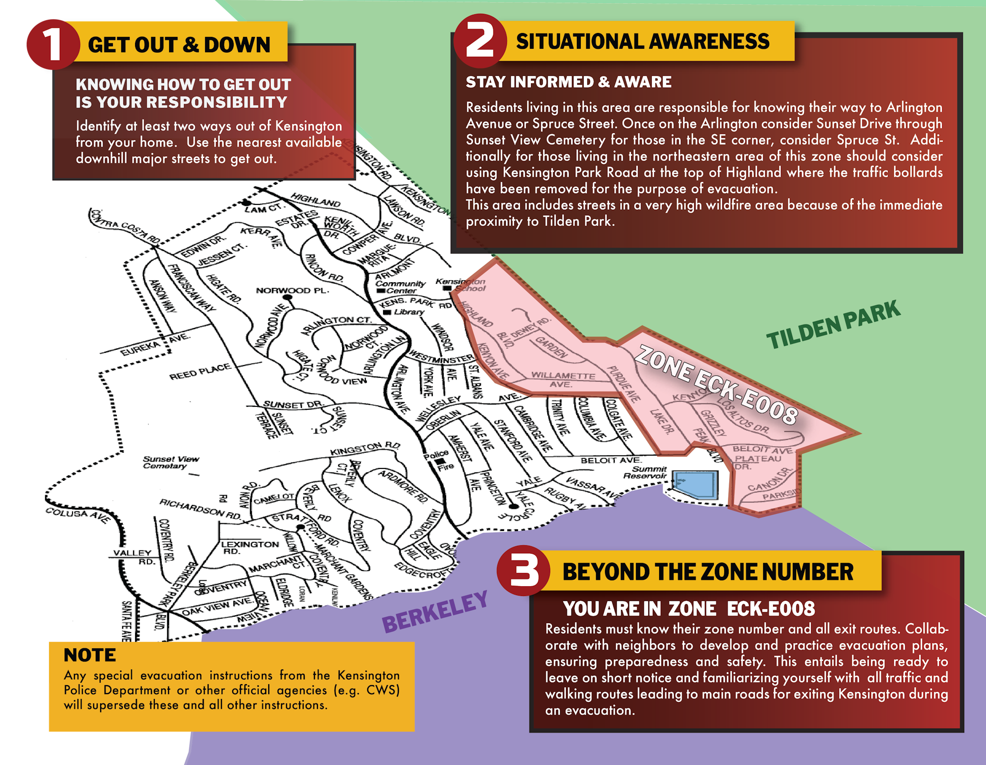 An emergency evacuation map for Kensington with zones, instructions, and a note on following police or official agency directives.