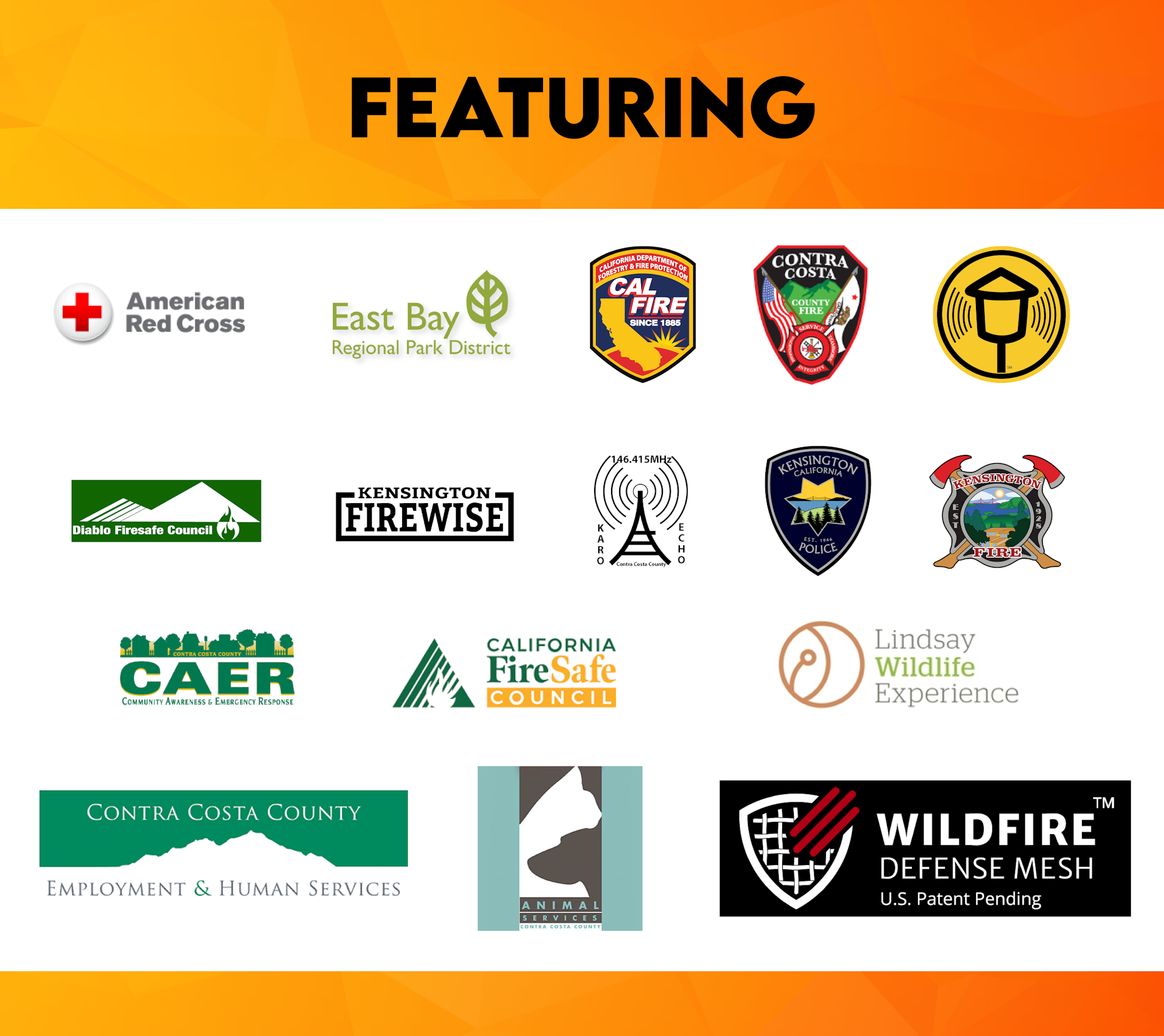 Logos of various organizations including American Red Cross, CAL FIRE, and Kensington Police, under "FEATURING."