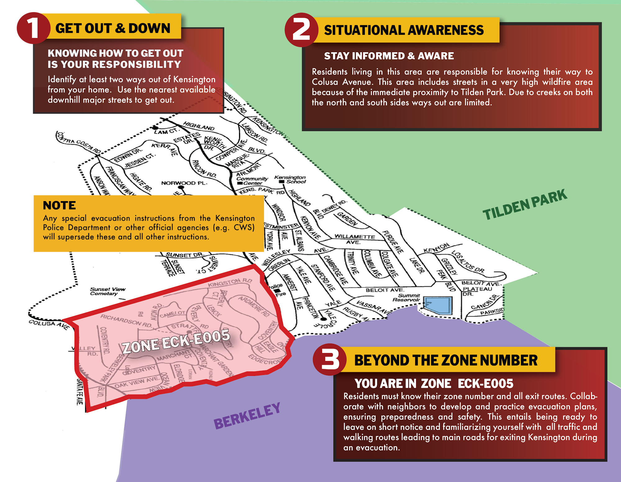 An evacuation map highlighting Zone ECK-E005, with emphasis on exit strategies, situational awareness, and zone numbering for residents.