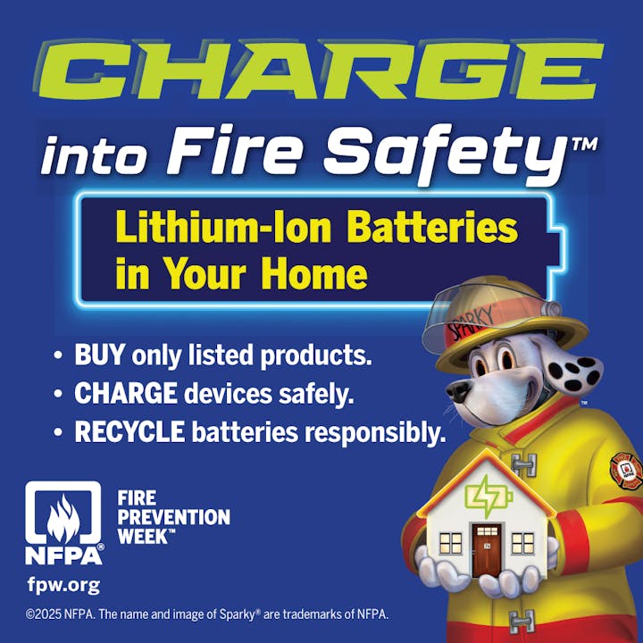 Fire safety poster about lithium-ion batteries: "Buy only listed products, charge safely, recycle responsibly." Features a cartoon dog firefighter.