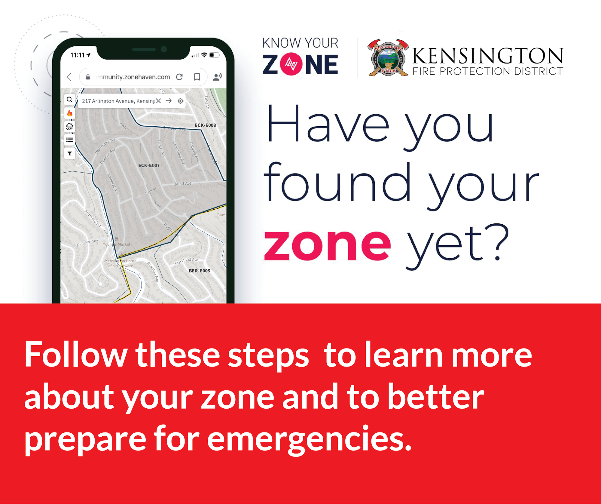 An ad encouraging people to find their emergency zone with a phone displaying a map and text: "Have you found your zone yet?"