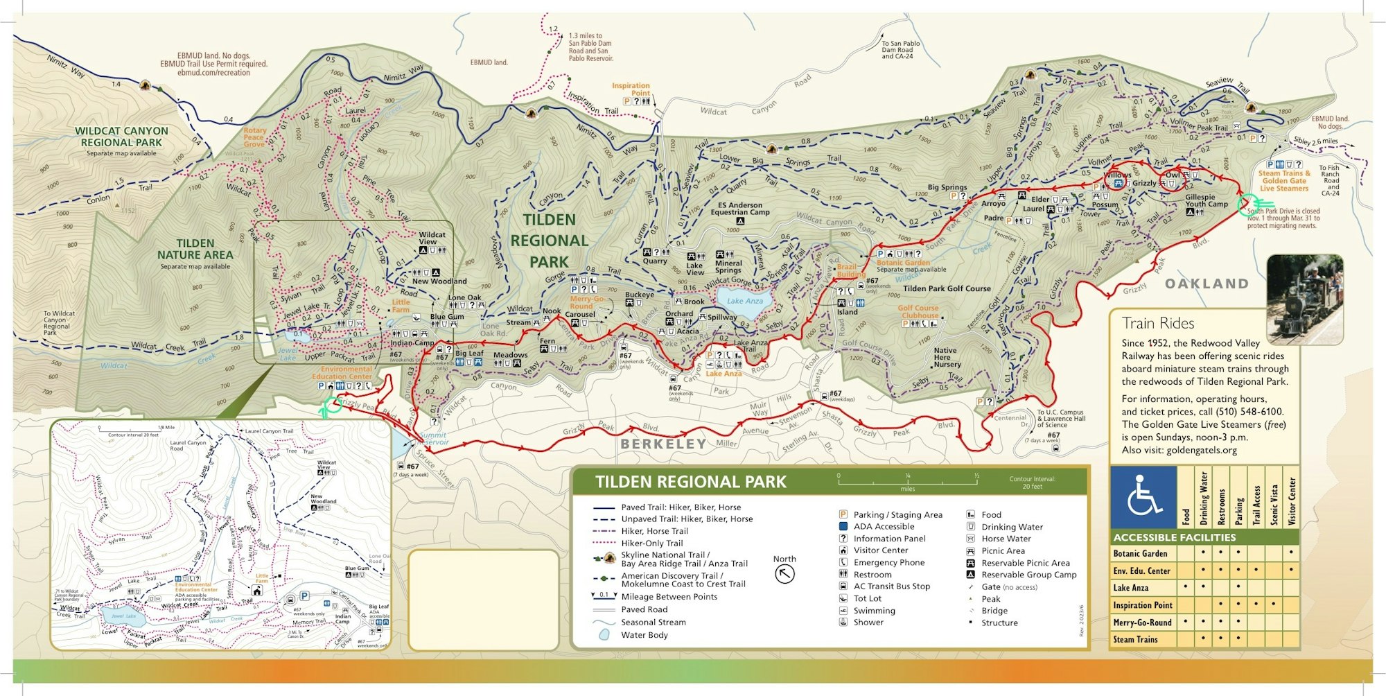 A detailed map of Tilden Regional Park showing trails, facilities, and points of interest.