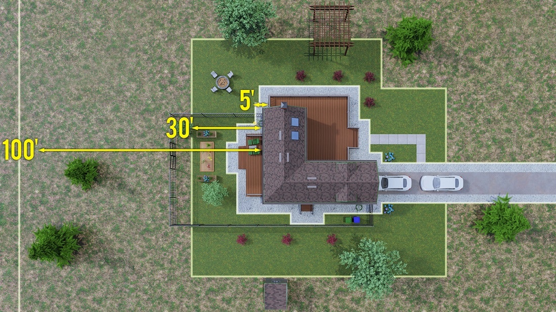 Overhead view of a house with garden, driveway, and measurements: 100', 30', and 5'.