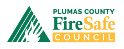 The image features the logo of the Plumas County Fire Safe Council, with a green triangle design and the council's name in two colors.