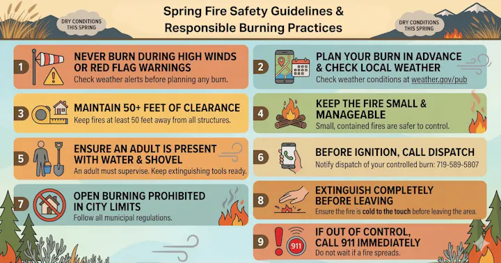 Spring fire safety guidelines: don't burn during high winds, maintain clearance, supervise adults, keep fires small, and call dispatch.