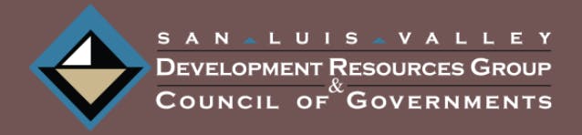 Logo for the San Luis Valley Development Resources Group & Council of Governments, featuring geometric shapes and text.