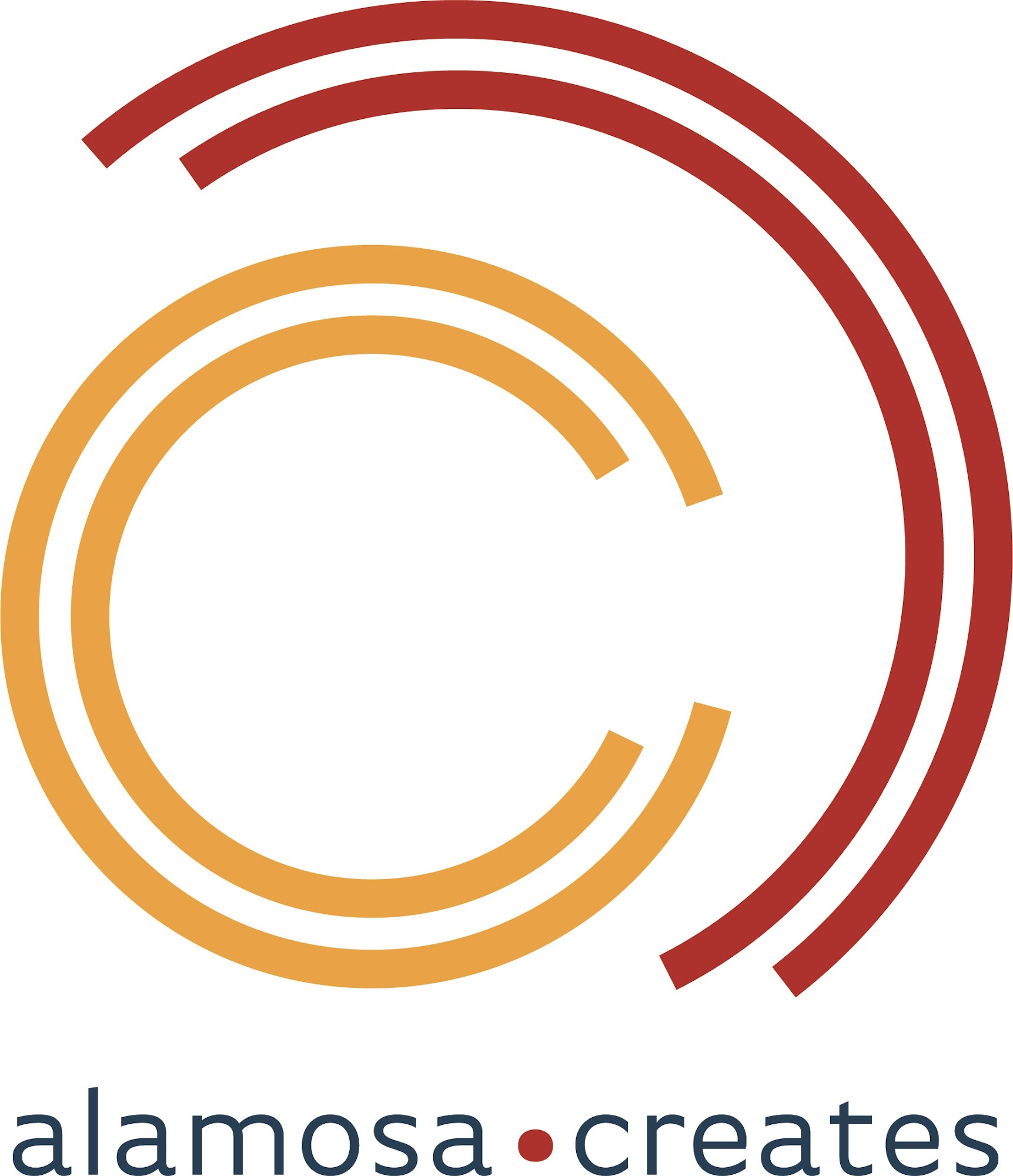The image features a logo with circular designs in red and orange, labeled "alamosa creates" below.