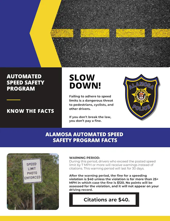 The image promotes Alamosa's Automated Speed Safety Program, highlighting speed limits and fines for violations.