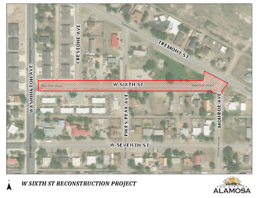 Map showing the W Sixth St Reconstruction Project in Alamosa, with highlighted area indicating work boundaries.