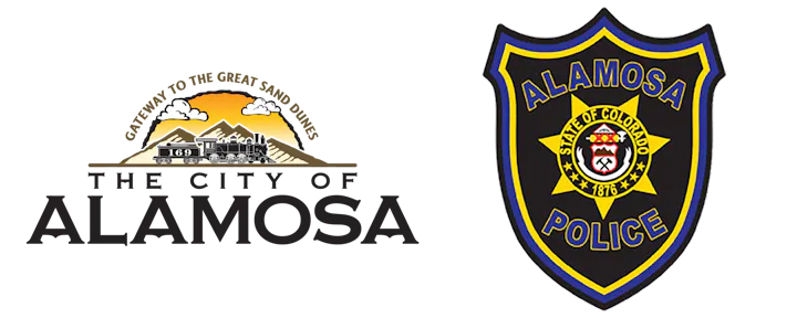 City of Alamosa logo with train and mountain, and Alamosa Police badge with Colorado seal.
