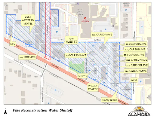 Map detailing areas affected by a water shutoff for Pike Reconstruction in Alamosa, highlighting specific businesses and streets.