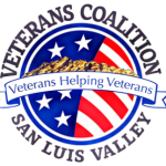 Logo for Veterans Coalition San Luis Valley, featuring mountains, stars, stripes, and "Veterans Helping Veterans."