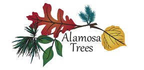 Stylized tree branch with various leaves and the text "Alamosa Trees."