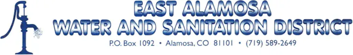 Logo and contact info for East Alamosa Water and Sanitation District, with a pump illustration.