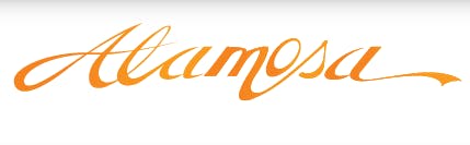 The image displays the word "Alamosa" in elegant, orange script font.