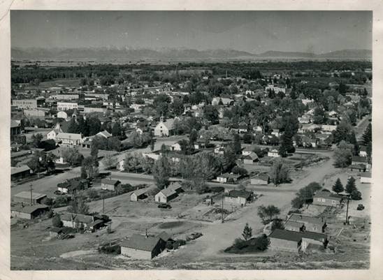 Aerial view of a small town with houses, roads, dense trees, and distant mountains under a clear sky.