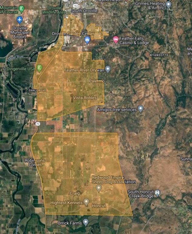 Aerial map highlighting areas near Oroville with business names and geographical features marked, likely a screenshot from a mapping service.