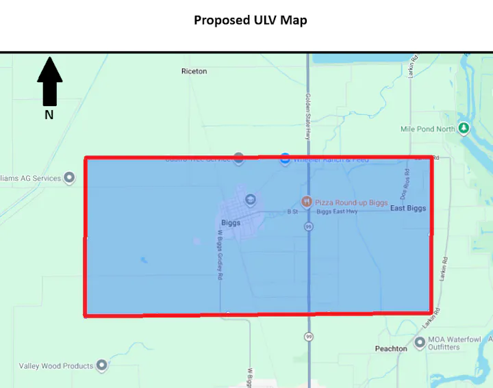 The image shows a proposed map for a ULV (Ultra Low Volume) application, highlighting specific areas in Biggs, California.