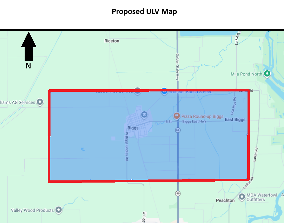 The image shows a proposed map for a ULV (Ultra Low Volume) application, highlighting specific areas in Biggs, California.