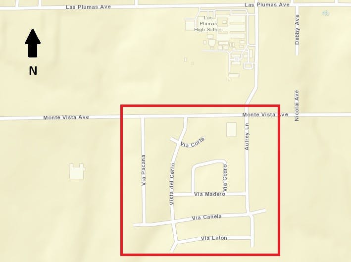 A map with roads: Via Pacana, Via Corte, Vista del Cerro, Via Madero, Via Cedro, Via Canela, Via Laton, Autrey Ln, and Monte Vista Ave.