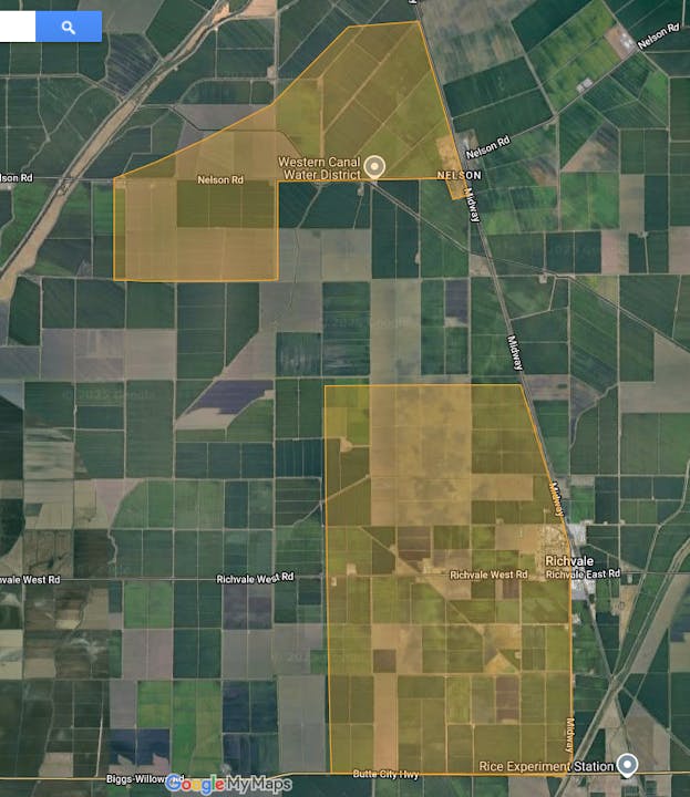 Satellite map showing fields, roads labeled "Nelson Rd" and "Richvale West Rd," with "Western Canal Water District" marked.