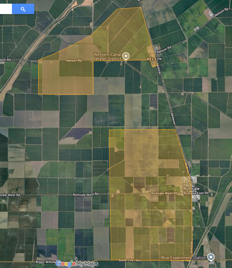 Satellite map showing fields, roads labeled "Nelson Rd" and "Richvale West Rd," with "Western Canal Water District" marked.