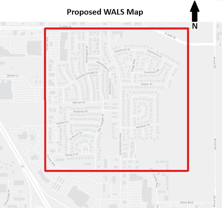 A map labeled "Proposed WALS Map" with streets and a highlighted red boundary.